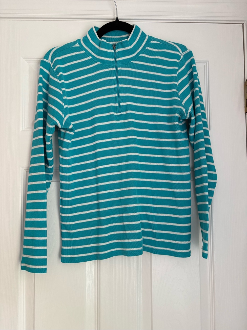 L.L. Bean Teal and White Striped Half-Zip Long-Sleeve Top
